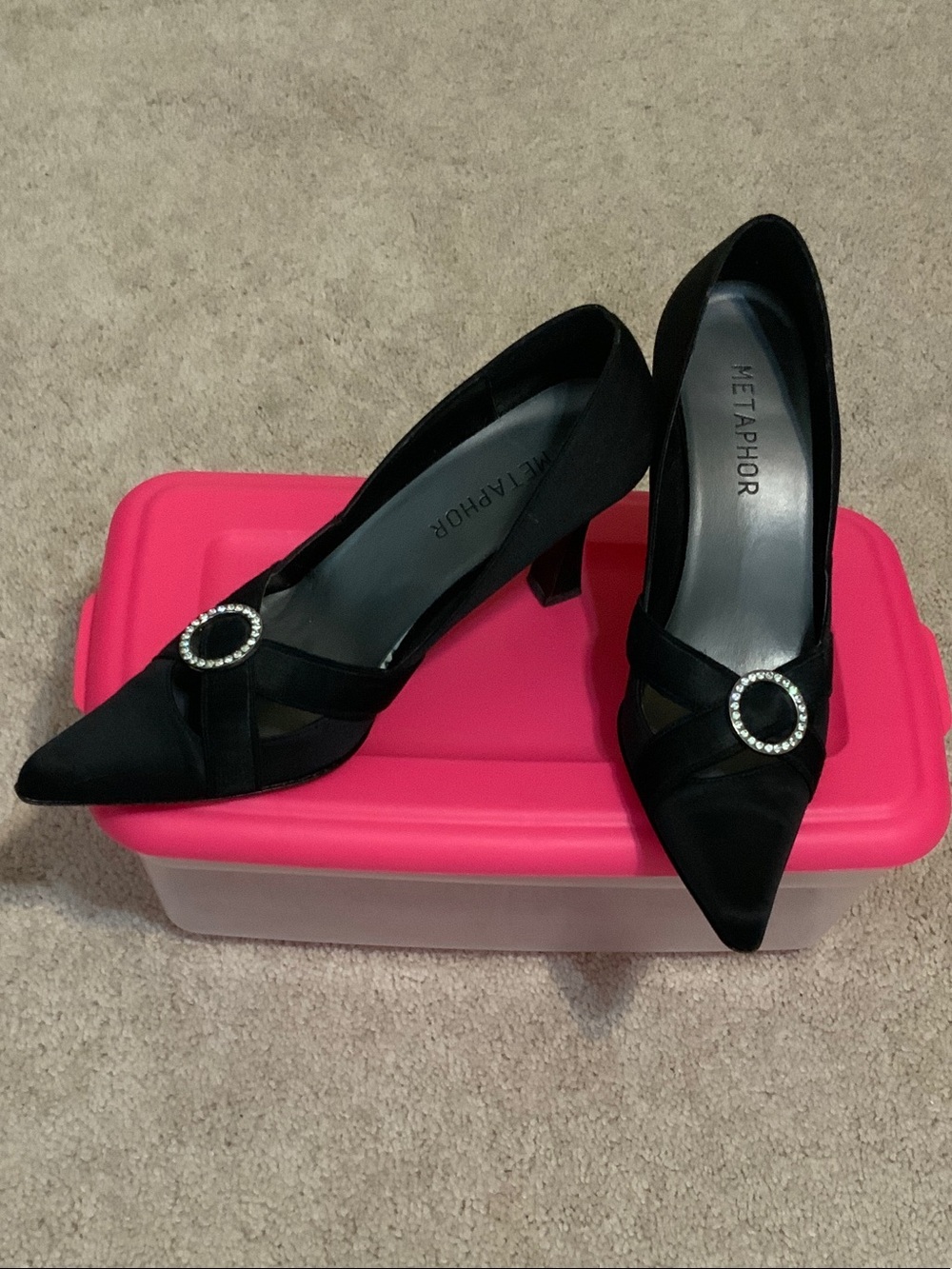 Metaphor Black Satin Pointed Toe Pumps with Rhinestone Circle Accent